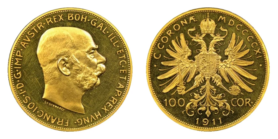Монета 100 крон 1911 року: аверс із Францем Йосифом I і реверс із двоголовим орлом