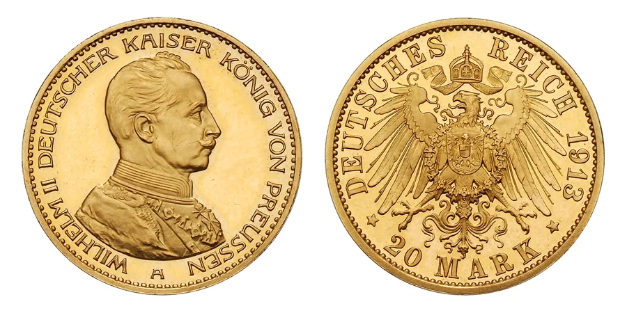 Монета 20 марок 1913 року: аверс із Вільгельмом II і реверс з імперським орлом